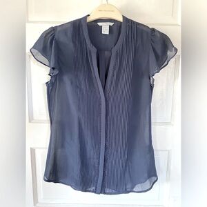 H&M Pin Tuck/Pleated Sheer Blouse, Embroidery Edging, Button Down, Navy Color 🥝